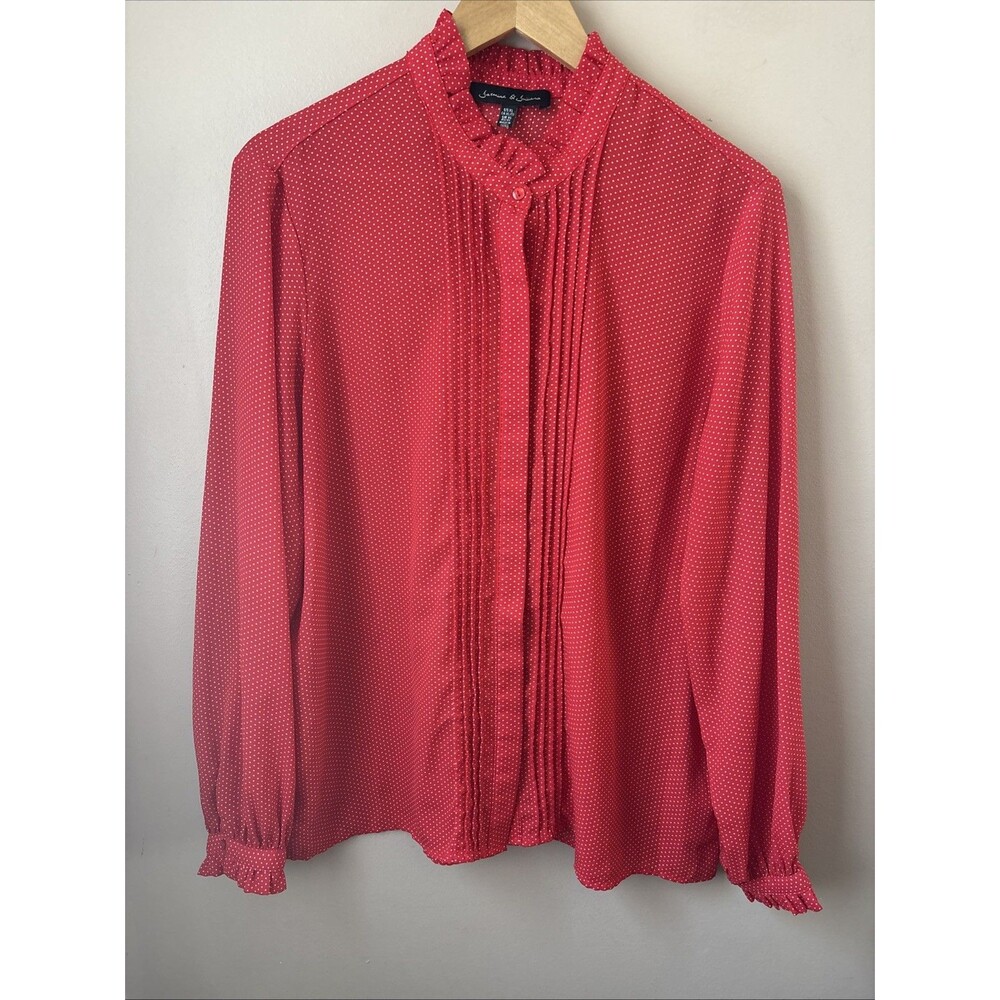 Jasmine & Juliana Blouse Womens XL Red Polka Dot Ruffle Mock Neck Button Front